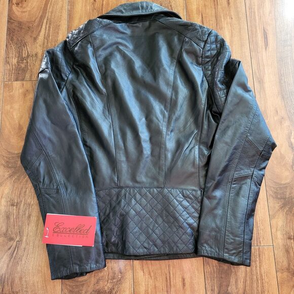 Womens 100% Black Leather Jacket  Asymmetrical Zip Moto Jacket Quilted - Picture 5 of 10